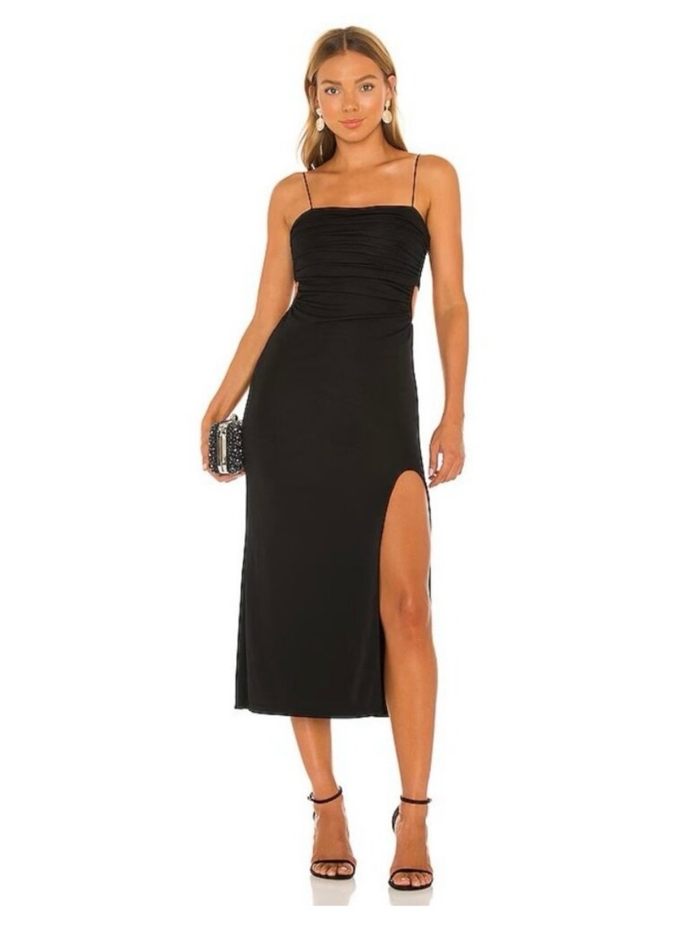 Cinq a Sept NWT Mariah Dress. Black Spaghetti-Strap Midi Dress with Side Slit